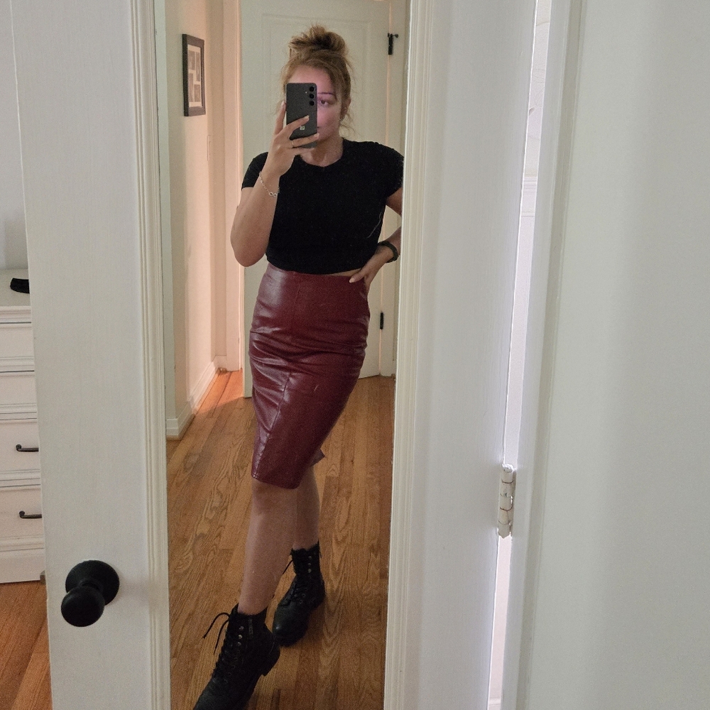 Lulus Deep Red Faux Leather Midi Skirt Size Medium
